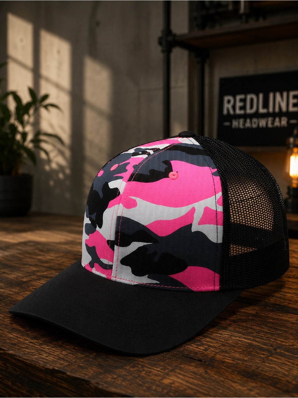 Pink Camo Trucker Hat Mid Profile Mesh Snapback One Size
